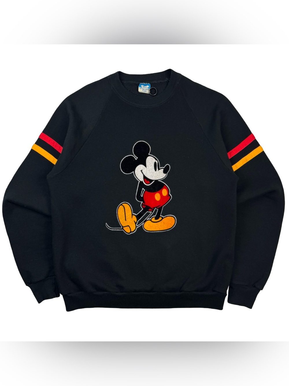 ‘80s Mickey Mouse Felt Graphic Logo Raglan Sleeve Striped Crewneck Sweater